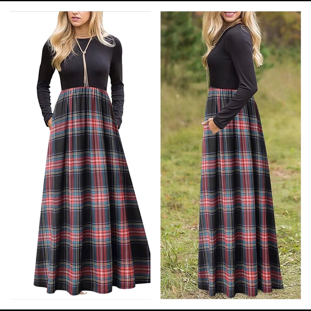 Plaid Long Sleeve Empire Waist Full Length Maxi Dress